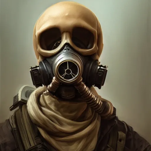 Prompt: a portrait painting of a skull wearing a gasmask, digital painting, hyper realistic, very detailed, in the style of greg rutkowski,