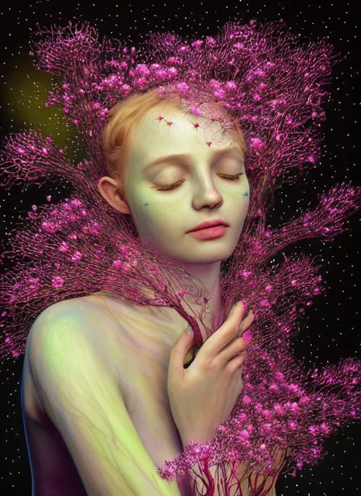 Prompt: hyper detailed 3d render like a Oil painting - Aurora (Singer) Eats of the Strangling Fruit and Her delicate Hands full of gossamer polyp blossoms bring iridescent fungal flowers whose spores black the foolish stars by Jacek Yerka, Mariusz Lewandowski, Houdini algorithmic generative render, Abstract brush strokes, Masterpiece, Edward Hopper and James Gilleard, Zdzislaw Beksinski, Mark Ryden, Wolfgang Lettl, hints of Yayoi Kasuma, octane render, 8k