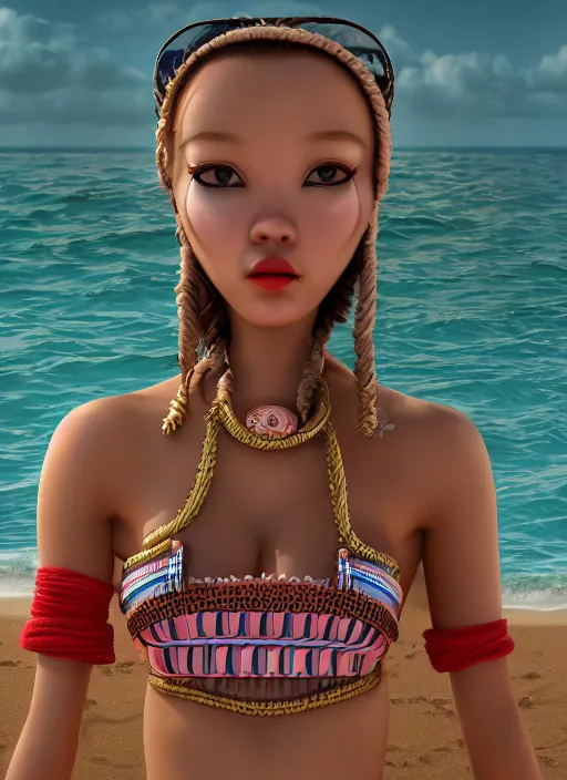 Image similar to closeup profile portrait of tin toy bikini girl beach, depth of field, zeiss lens, detailed, symmetrical, centered, fashion photoshoot, by nicoletta ceccoli, mark ryden, lostfish, breathtaking, 8 k resolution, extremely detailed, beautiful, establishing shot, artistic, hyperrealistic, octane render