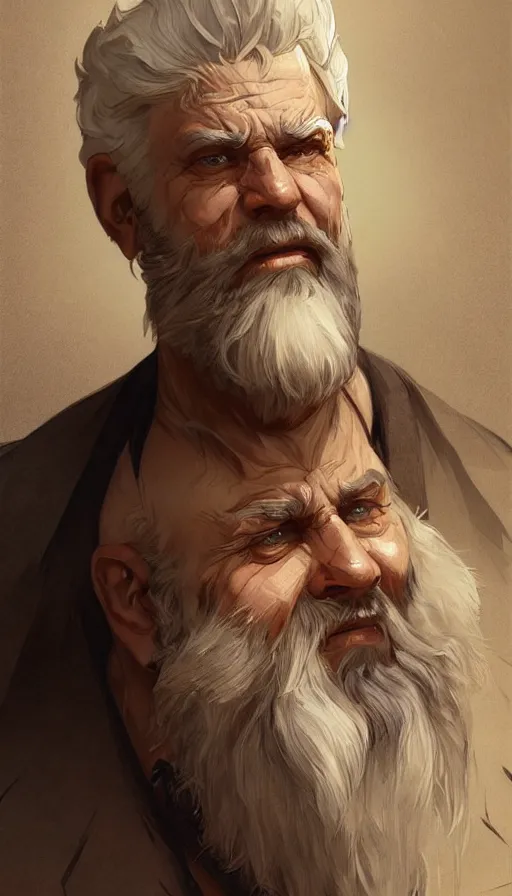 Image similar to mayor, sweaty, white hair and beard, insane, intricate, highly detailed, digital painting, artstation, concept art, smooth, sharp focus, illustration, Unreal Engine 5, 8K, art by artgerm and greg rutkowski and alphonse mucha