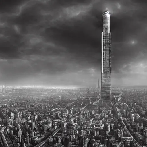 Image similar to an ultra detailed black and white matte painting of a lonely and impossibly tall ominous dark tower elevated high above the city, on an isolated plateau island in a river elevated high above the city fortress tower, fantasy capital city, ultrawide lense, aerial photography, volumetric lighting, exquisite detail, 8 k, art by artgerm and greg rutkowski and alphonse mucha