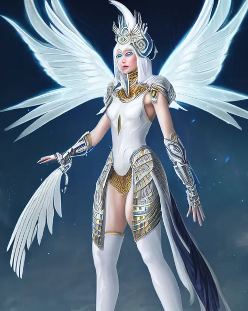 Image similar to perfect white haired egyptian goddess wearing white dove wings, warframe armor, regal, attractive, ornate, sultry, beautiful, dreamy, half asian, pretty face, blue eyes, detailed, scifi platform, 4 k, ultra realistic, epic lighting, android body, illuminated, cinematic, masterpiece, art by akihito tsukushi, voidstar, artgerm