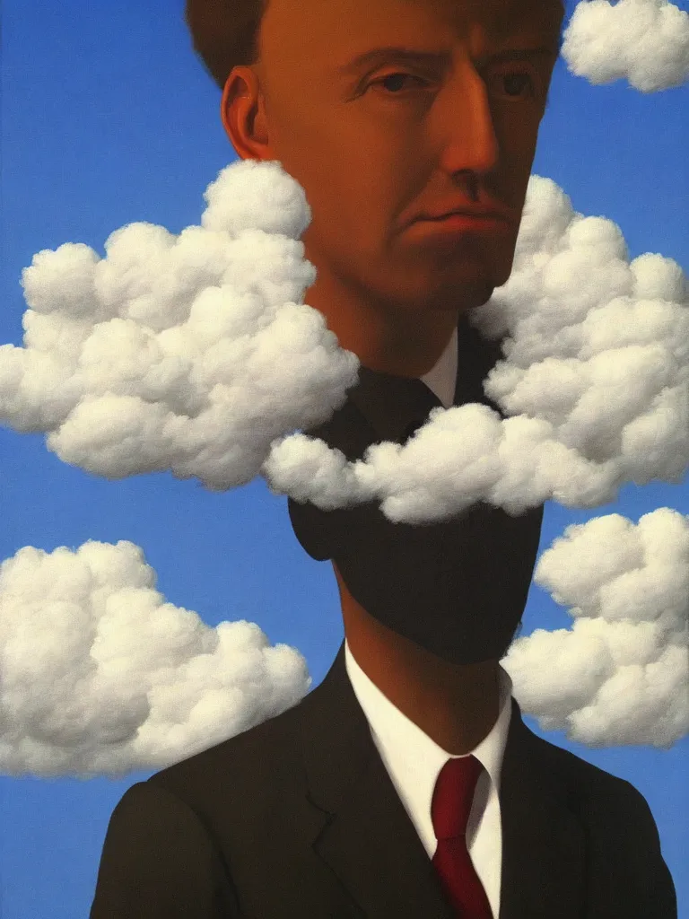 Prompt: portrwit of man with cloud instead of his head by rene magritte, detailed painting, hd, hq, high resolution, high detail, 4 k, 8 k