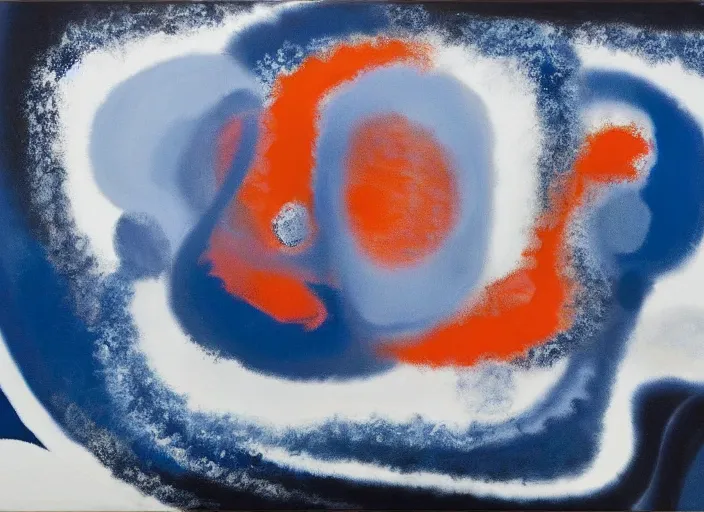 Prompt: swirling abstract painting in dark blue, white, orange, painted by Julian Schnabel, Helen Frankenthaler, Pat Steir and Hilma af Klint, abstract painting, color field painting. 8k, pastose, extreme detail, intricate detail, masterpiece