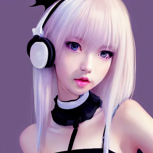 Image similar to realistic detailed semirealism beautiful gorgeous cute Blackpink Lalisa Manoban white hair white cat ears blue eyes, wearing black camisole maid outfit, headphones, black leather choker full HD 4K high resolution quality WLOP, Aztodio, Taejune Kim, Guweiz, Pixiv, Instagram, Artstation