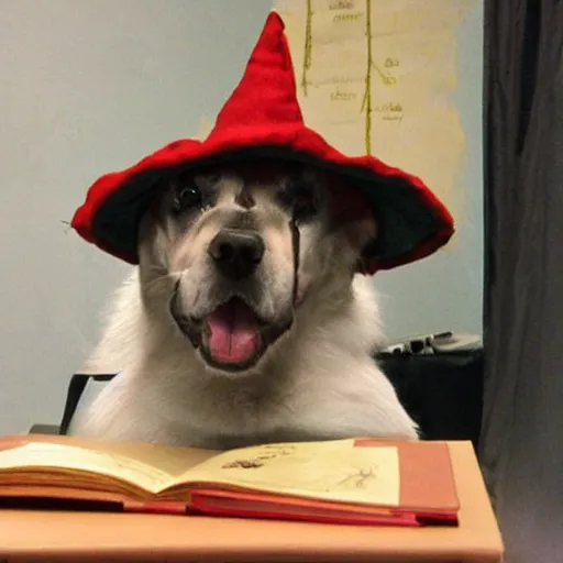 Image similar to dog with a wizard cap casting a spell