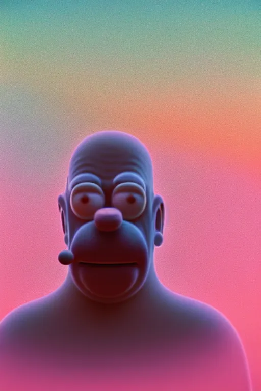 Image similar to high quality pastel coloured film close up wide angle photograph of homer simpson wearing clothing swimming on cloud furniture in a icelandic black rock environment in a partially haze filled dreamstate world. three point light, rainbow. photographic production. art directed. pastel colours. volumetric clouds. pastel gradient overlay. waves glitch artefacts. extreme facial clarity. 8 k. filmic.