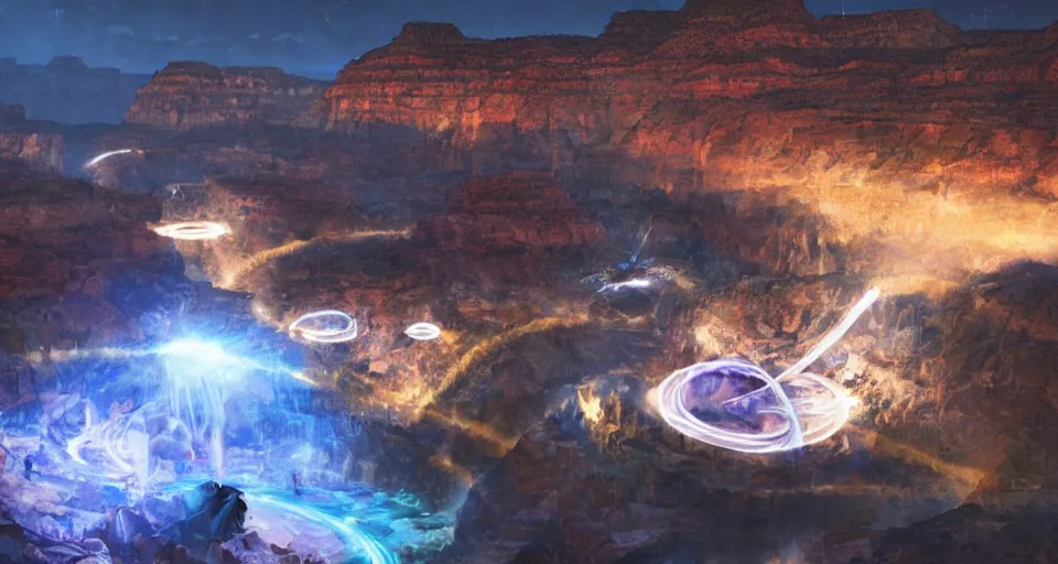 Image similar to night, a lot of people and a spiral - shaped white luminous attractor is floating in grand canyon, concept art, art for the game, professional lighting, art