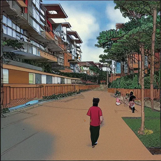 Image similar to walking through a housing estate in singapore, by moebius