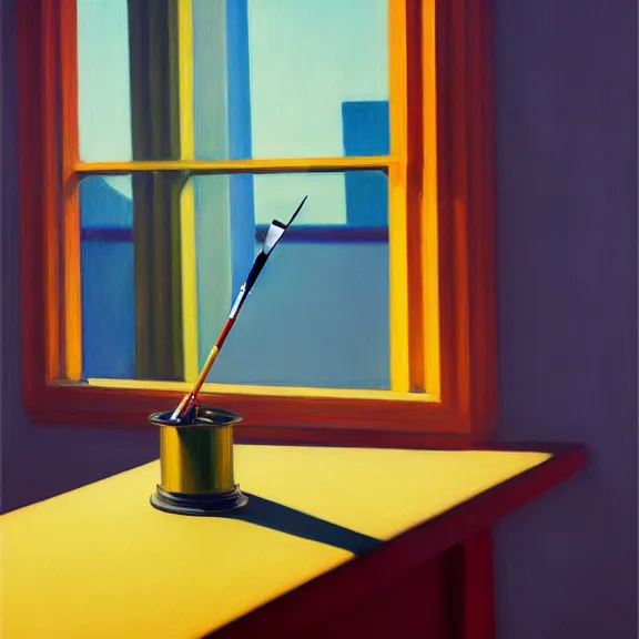 Image similar to beautiful illustration of a robotic arm holding a paintbrush in front of a canvas by Edward Hopper, clean lines, very detailed, colorful octane render