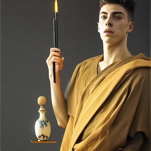 Image similar to attractive kai havertz wearing monk robes holding incense burner. natural lighting by ruan jia, portrait