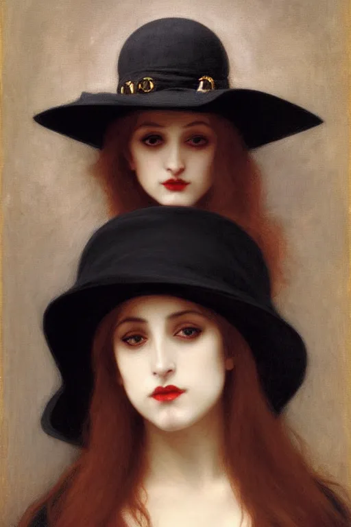 Image similar to vampire in a big black hat painting by rossetti bouguereau, detailed art, artstation