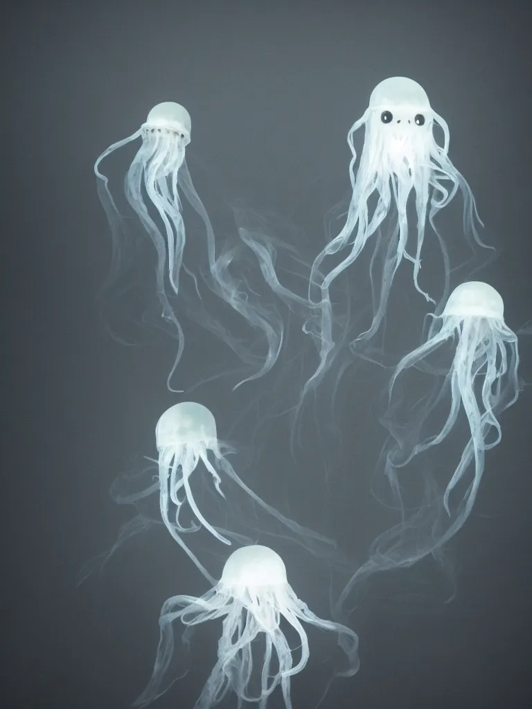 Image similar to cute fumo plush beautiful ectoplasmic gothic skeletal jellyfish ghost twins, glowing milky wisps of hazy smoke and volumetric fog, lens flare, subsurface scattering, vignette, asymmetry, bokeh, refraction, vray