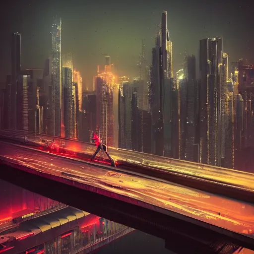 Image similar to a man standing on top of a bridge over a city, cyberpunk art by Vincent Lefevre, behance contest winner, altermodern, cityscape, synthwave, matte painting