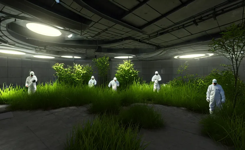 Image similar to in-game screenshot of a group of hazmat scientists on unreal engine 5, in a liminal underground garden, photorealistic, retrofuturism, brutalism, staggered terraces, minimalist, soft vintage glow