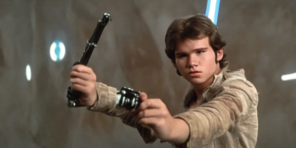 Prompt: a full color still of a teenaged Han Solo holding a lightsaber hilt during a sci-fi battle, cinematic lighting, 1999, directed by Steven Spielberg, 35mm