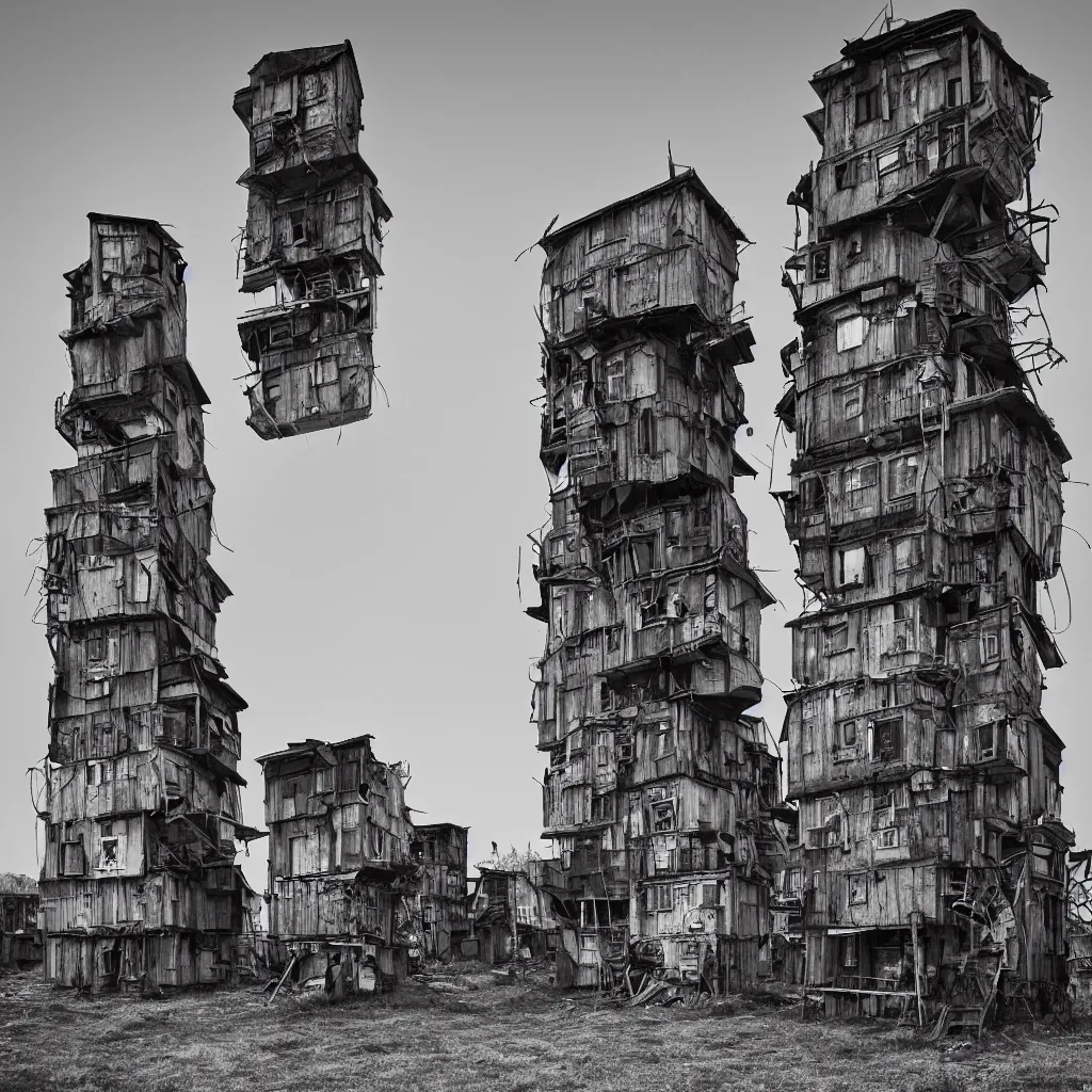 Prompt: two towers, made up of makeshift squatter shacks with vintage colours, dystopia, hasselblad x 1 d, fully frontal view, very detailed, ultra sharp, photographed by jeanette hagglund and ansel adams