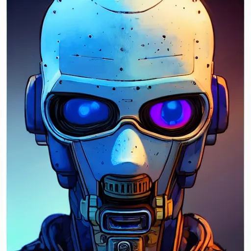 Image similar to cell shaded portrait of a cybernetic blue bald soldier with glowing blue eyes as Borderlands 3 concept art, llustration, post grunge, concept art by josan gonzales and wlop, by james jean, Victo ngai, David Rubín, Mike Mignola, Laurie Greasley, highly detailed, sharp focus,alien,Trending on Artstation, HQ, deviantart, art by artgem