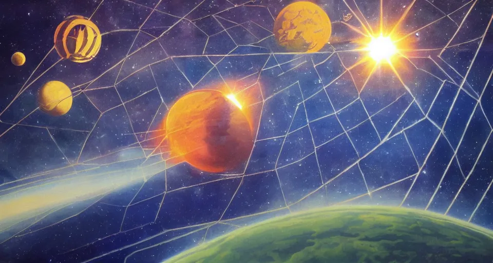 Image similar to hexagonal solar sail in space, blocking the sun, earth in the foreground, art deco painting