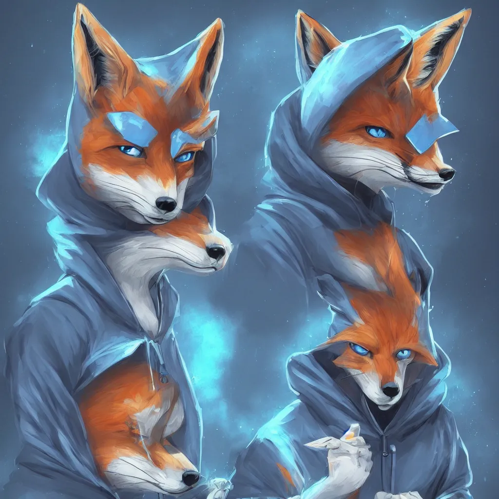 Image similar to a fox in a blue hoodie typing in a notebook, white background, concept art, anime style, digital art picture, highly detailed, artstation, detailed, award winning, colorful