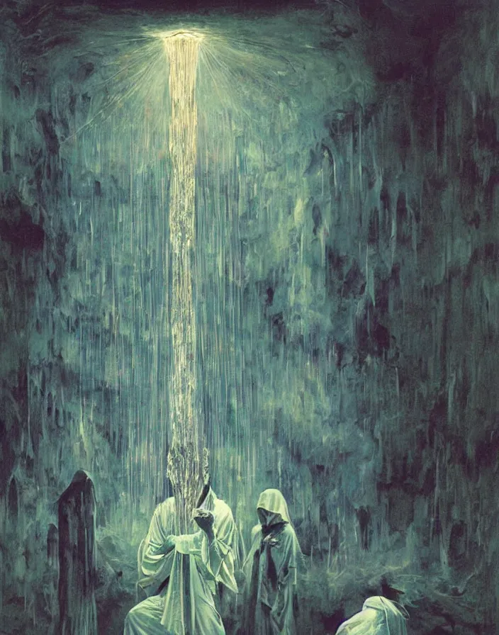 Prompt: worshippers in robes holding a very large crystal tesseract radiating white light, interior of a small room, glowing crystal tesseract!!!!!!!!!!!!!!!!!!, beksinski painting, part by adrian ghenie and gerhard richter. art by takato yamamoto. masterpiece, deep colours