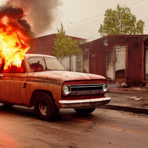 Image similar to photograph of a rusty dodge ram on fire in the street by simon stalenhag