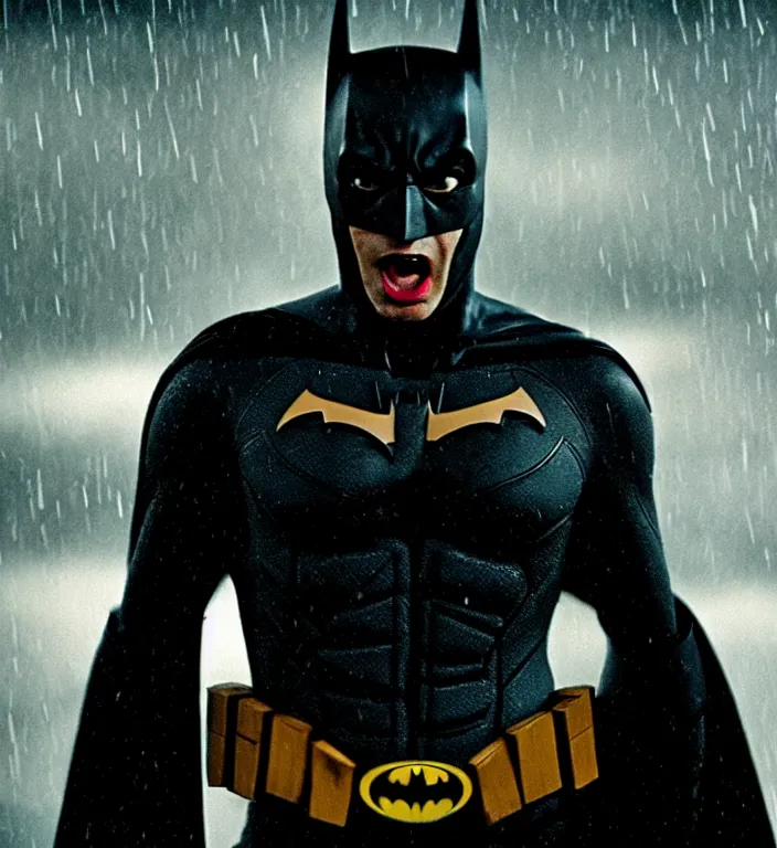 Prompt: cinematic still of tobey maquire as batman, screaming in pain, dramatic rain, 8 k