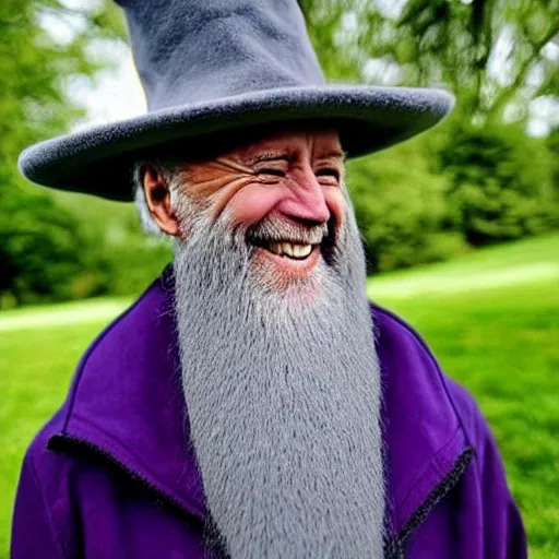 Prompt: joe biden as an old druid wizard, bushy grey eyebrows, long grey beard, disheveled, wise old man, wearing a grey wizard hat, wearing a purple detailed coat, a bushy grey beard, sorcerer, he is a mad old man, laughing and yelling