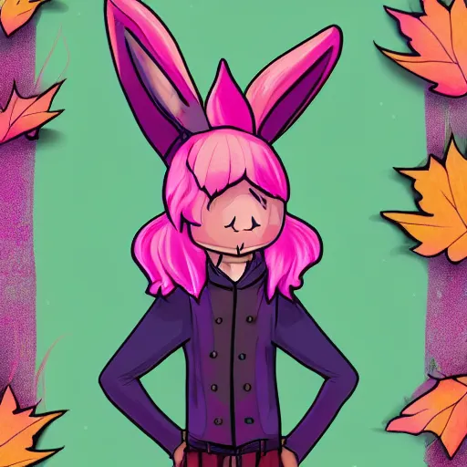 Image similar to pink jackalope mage, dnd, colorful, autumn, detailed, magic, fantasy, bunny, antlers, cute, cool, guy