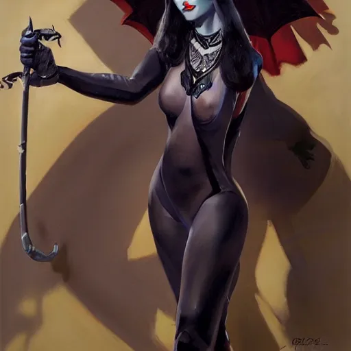 Image similar to greg manchess portrait painting of partially armored morticia from addams family as overwatch character, medium shot, asymmetrical, profile picture, organic painting, sunny day, matte painting, bold shapes, hard edges, street art, trending on artstation, by huang guangjian and gil elvgren and greg rutkowski