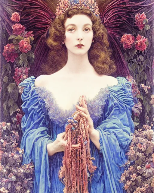 Prompt: in the style of beautiful vivien leigh, blue frilly gown and crown with flowers and gems, detailed and intricate by jean delville, gustave dore and marco mazzoni, colorful art nouveau, symbolist, visionary, gothic, pre - raphaelite