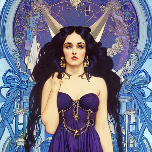 Prompt: an extremely detailed full body tarot card of an unbelievably beautiful witch with long black hair and purple eyes, long navy blue strapless floor length dress, shinny deep blue high heels, ostentatious and extravagant galla, neoclassical architecture, 4 k, artstation, detailed, realistic, by alphonse mucha and greg rutkowski