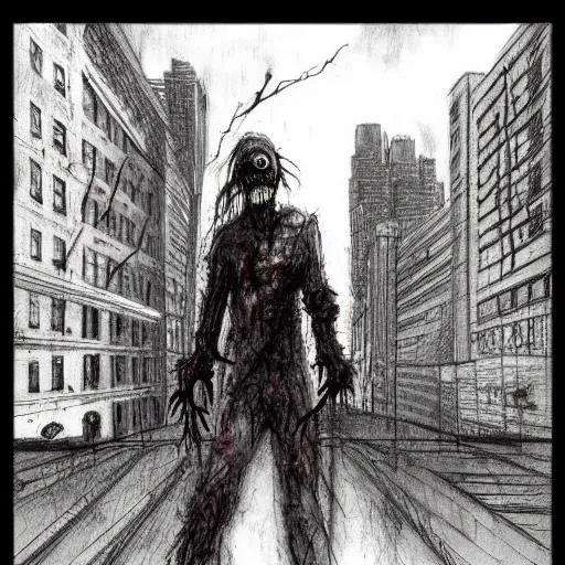 Image similar to zombie horde in new york city, soft gentle fog, drawn by ben templesmith, scary