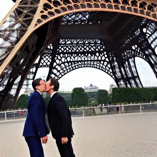 Prompt: gerald darmanin and Emmanuel macron kissing under the eiffel tower