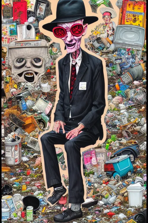 Image similar to full view, from a distance, of anthropomorphic trashcan william s burroughs, full of trash, style of yoshii chie and hikari shimoda and martine johanna, highly detailed