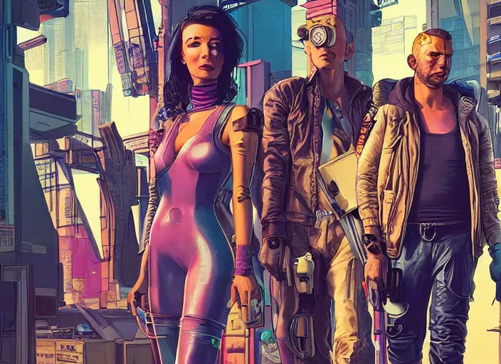 Image similar to cyberpunk heist crew. portrait by stonehouse and mœbius and will eisner and gil elvgren and pixar. character design. realistic proportions. dystopian. cyberpunk 2 0 7 7, apex, blade runner 2 0 4 9 concept art. cel shading. attractive face. thick lines. hi def 4 k. the team. detailed characters.