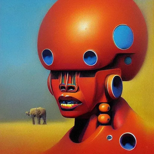 Image similar to portrait of a colourful african tribal mecha robot, painting by zdzislaw beksinski,