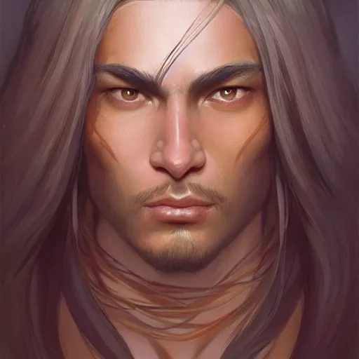 Image similar to beautiful, strong, mixed race, long hair, male, face, head shot, fantasy, highly detailed, digital painting, artstation, concept art, smooth, sharp focus, illustration, art by artgerm and greg rutkowski and alphonse mucha