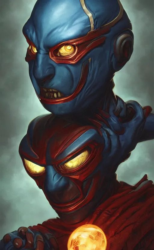 Prompt: dark horror nightcrawler xmen mf doom glowing bright eyes, blue skin, centered, digital painting, artstation, concept art, smooth, sharp focus, illustration, artgerm, tomasz alen kopera, peter mohrbacher, donato giancola, joseph christian leyendecker, wlop, frank frazetta