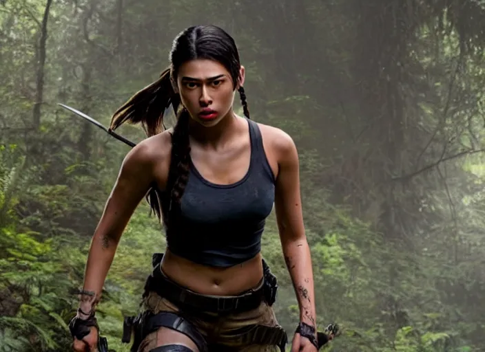 Image similar to film still of!!!! amber midthunder!!! as lara croft in new tomb raider movie, 8 k