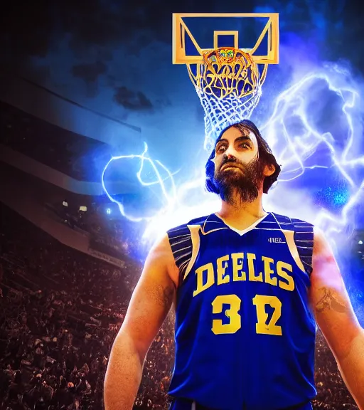 Image similar to portrait photography of mike krzyzewski as the god king emperor, blue devils, basketball, glowing, nimbus, volumetric light, unreal engine 5