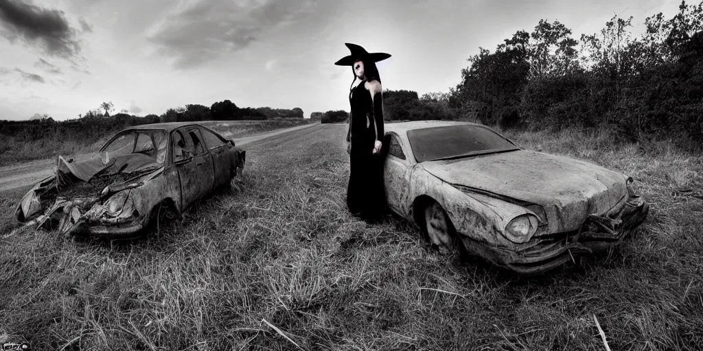 Prompt: a witch next to a broken down car on the side of the road, the sun is setting, magic hour, ominous, scary, evil, photograph by Nick Knight