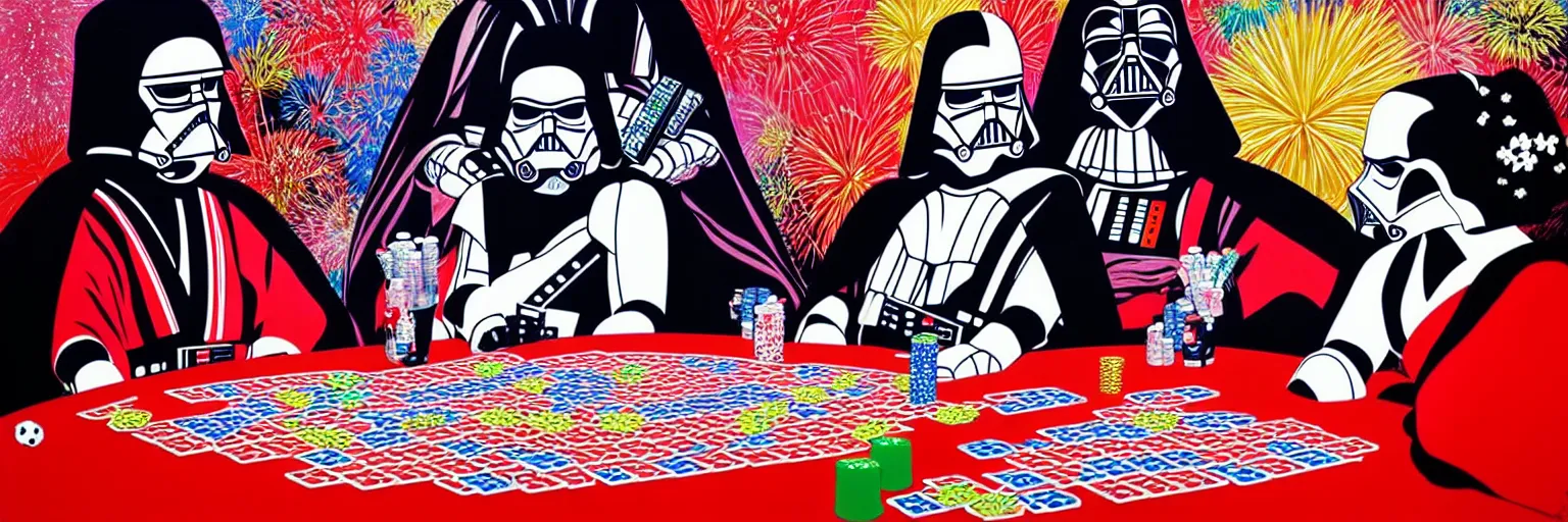 Image similar to hyperrealism composition of the detailed woman in a japanese kimono sitting at an extremely detailed poker table with darth vader and stormtrooper, fireworks on the background, pop - art style, jacky tsai style, andy warhol style, acrylic on canvas