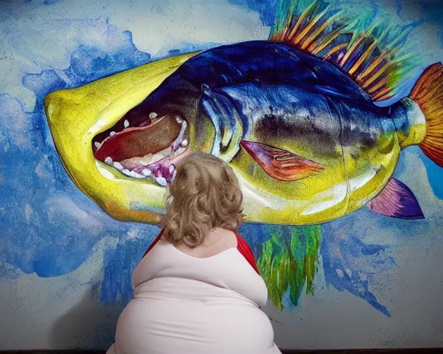 Prompt: an innocent and beautiful scene in hyper realistic style, about an fat old woman painting a huge colorful fish on the wall, lighting from the barred window. shadows. 4 k. wide angle. wild mood. red mouth, blue eyes. deep focus, lovely scene. ambient occlusion render. unreal engine.