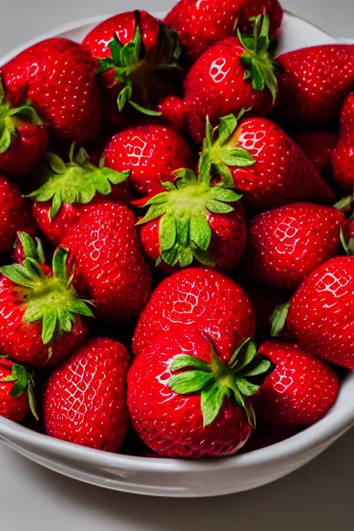 Prompt: realistic photo of a bowl of ripe strawberries, highly detailed,