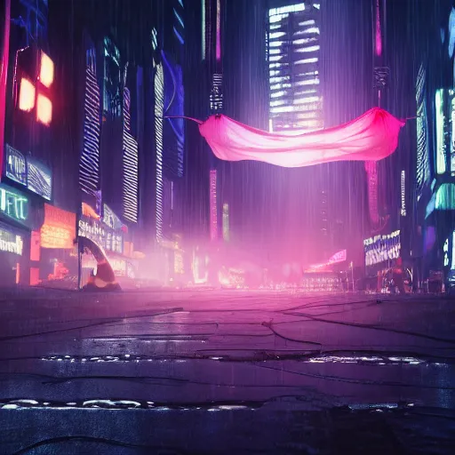 Prompt: Halloween ghost under a sheet, floating over futuristic metropolis sidewalk, at night, bright neon city lights, blade runner, trending on artstation, matte finish, volumetric lighting, 8k, 4k