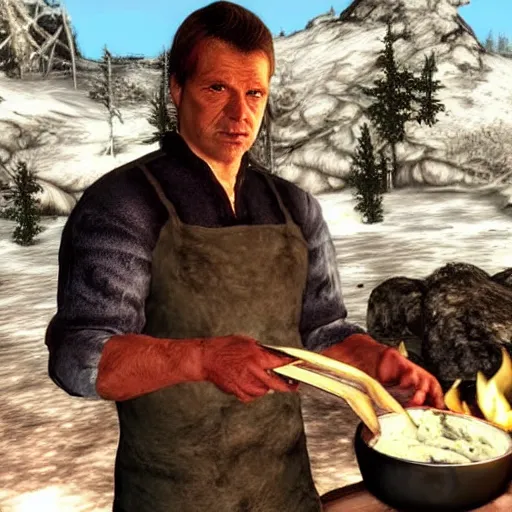 Prompt: chris hansen cooking steaks in skyrim