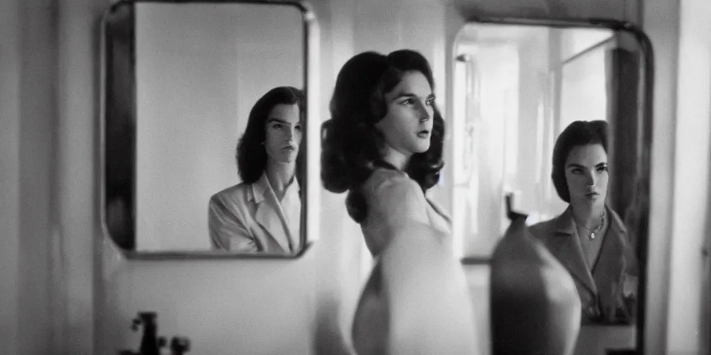 Prompt: ultra wide angle photo of young caitlin jenner, born female, dressed in a white blouse and black dress pants as diana prince looking at herself in a bathroom mirror and seeing her reflection as wonder woman