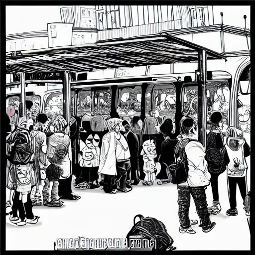 Prompt: people waiting in bus stop, by josan gonzales