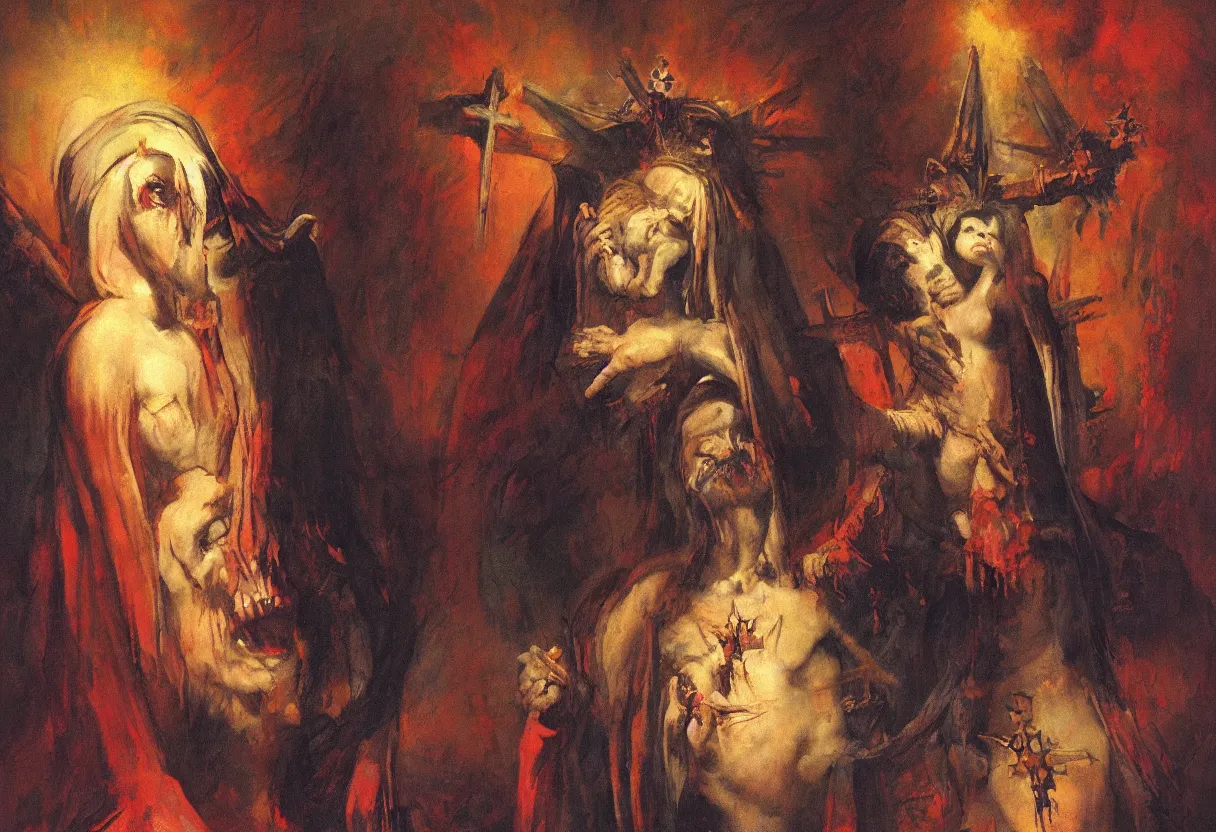 Prompt: portrait of holy mary bleeding from her eyes under the cross, a demon laughs in colorfully ominous background, by rutkowsky and gerald brom and frazetta and rembrandt
